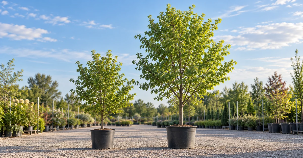 Two leafy trees in black nursery pots stand in a gravel aisle between rows of potted plants.