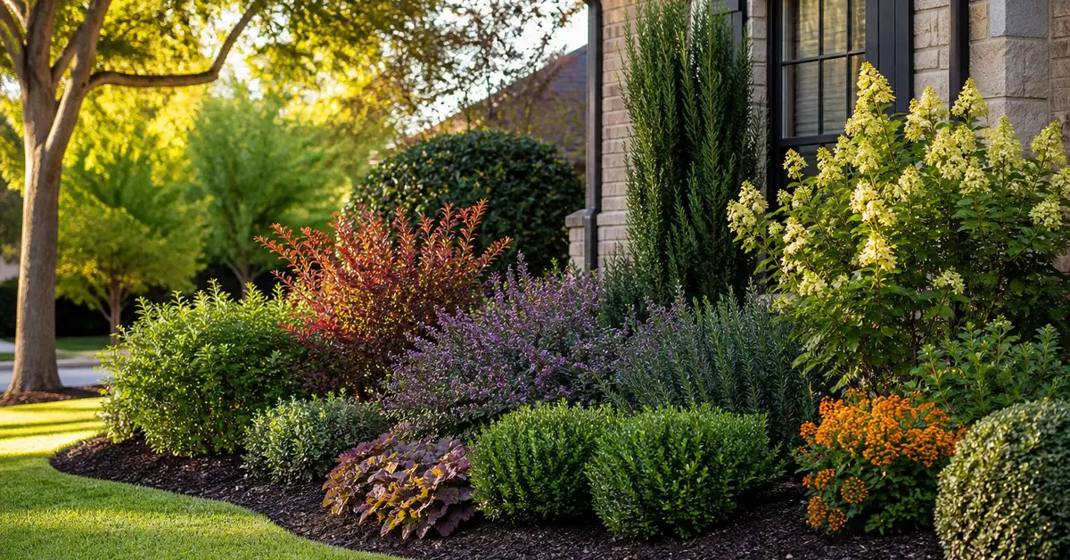 Finished North Texas garden bed with layered evergreen and flowering shrubs in early fall