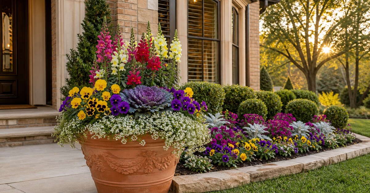 Fall flowers for North Texas in a terracotta pot, including snapdragons, pansies, violas, sweet alyssum, and ornamental kale