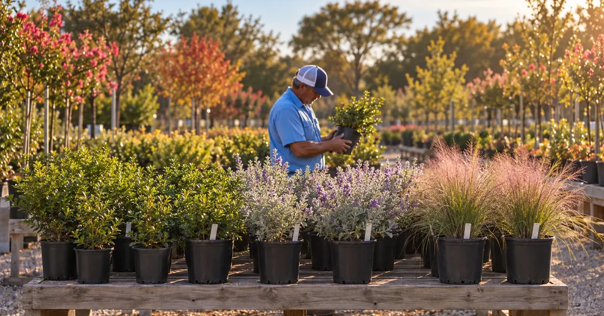Nursery worker inspects a potted shrub on a garden center bench, comparing nursery and big-box plant value in North Texas
