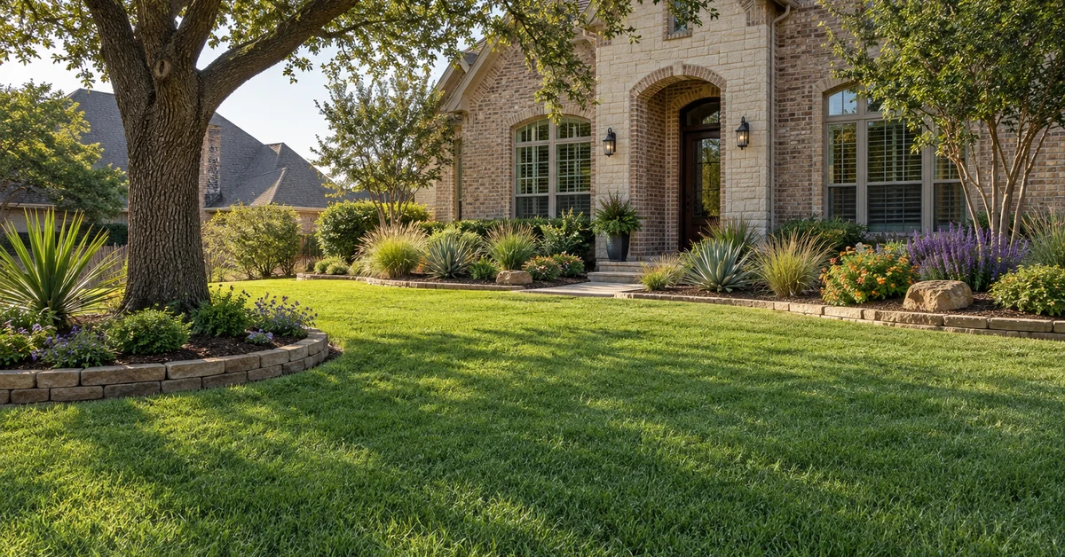 Healthy ryegrass lawn at a North Texas brick home in fall