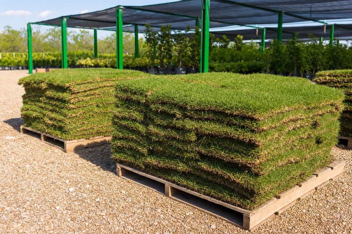 Pallets stacked with squares of fresh green sod in a nursery yard