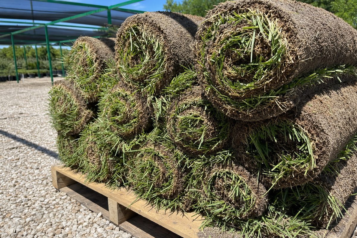 Fresh rolls of sod stacked on a wooden pallet