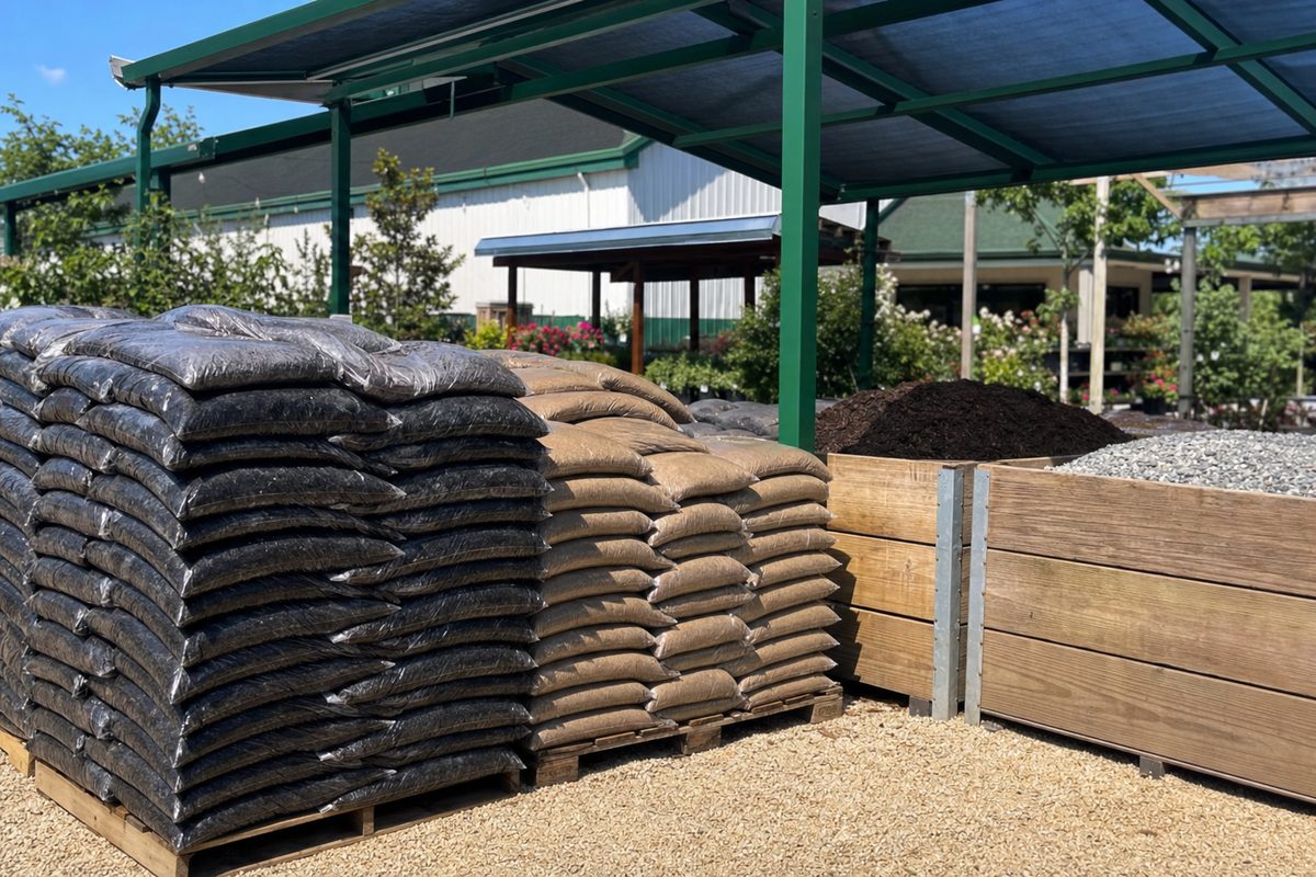 Bagged soil and mulch stacked on pallets beside timber bulk bins of mulch and decorative stone