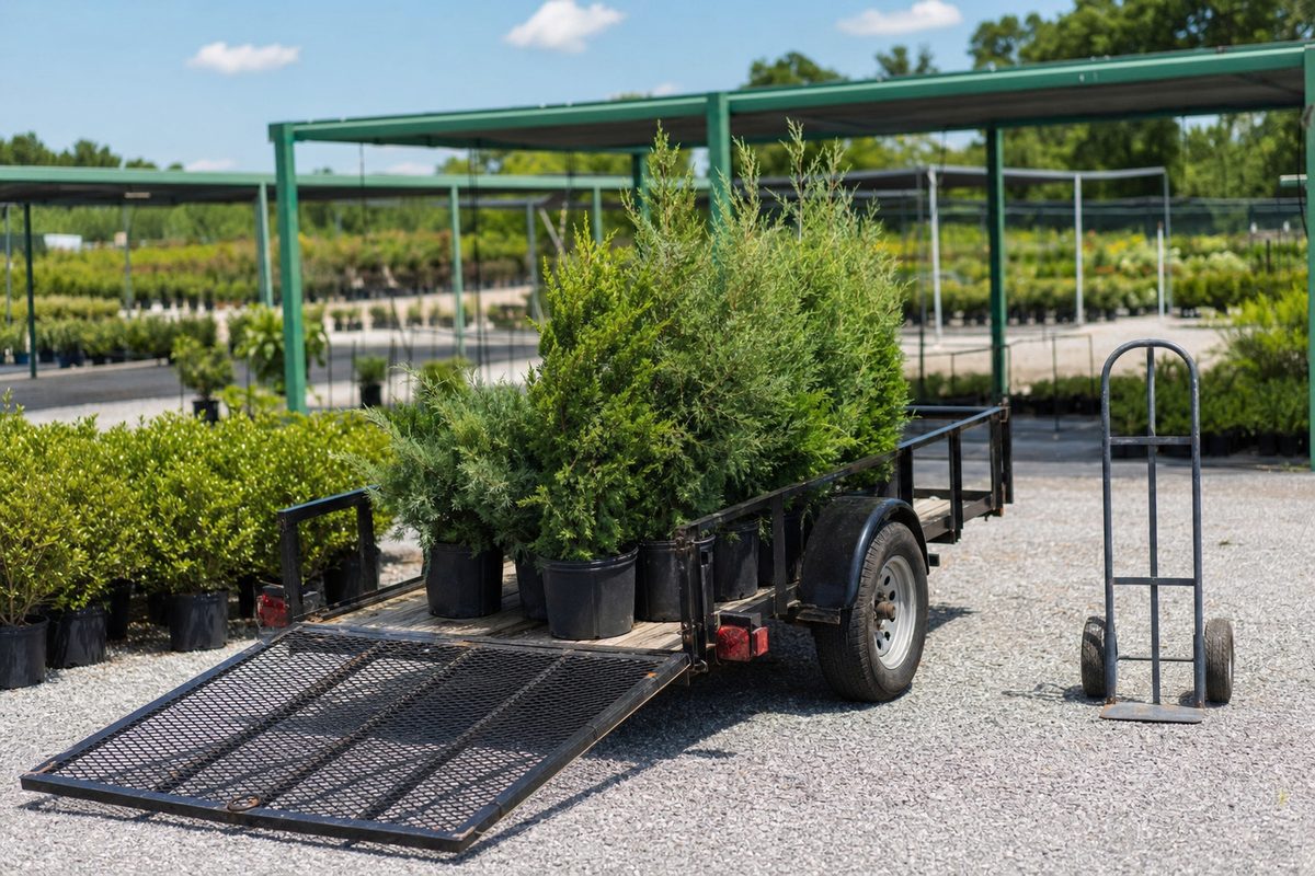 A utility trailer loaded with container evergreens at a nursery yard